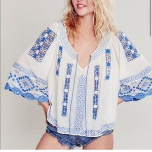 FREE PEOPLE Silver Springs Blue White Embroidered Top Small